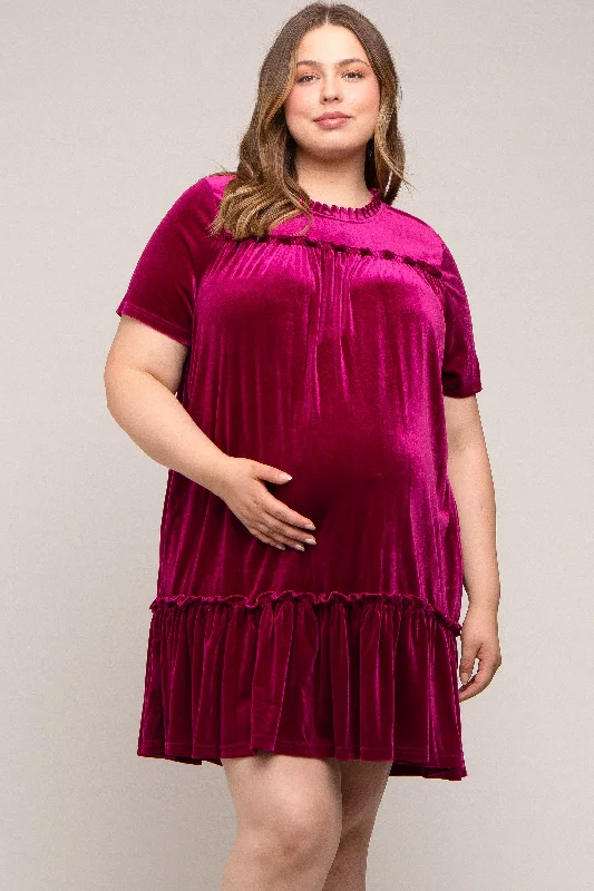 Burgundy Ruffle Accent Velvet Maternity Plus Dress Minimalist unclassified dresses