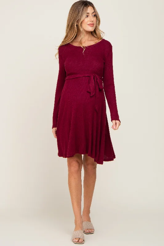 Burgundy Soft Rib Knit Sash Tie Maternity Dress Boho unclassified dresses