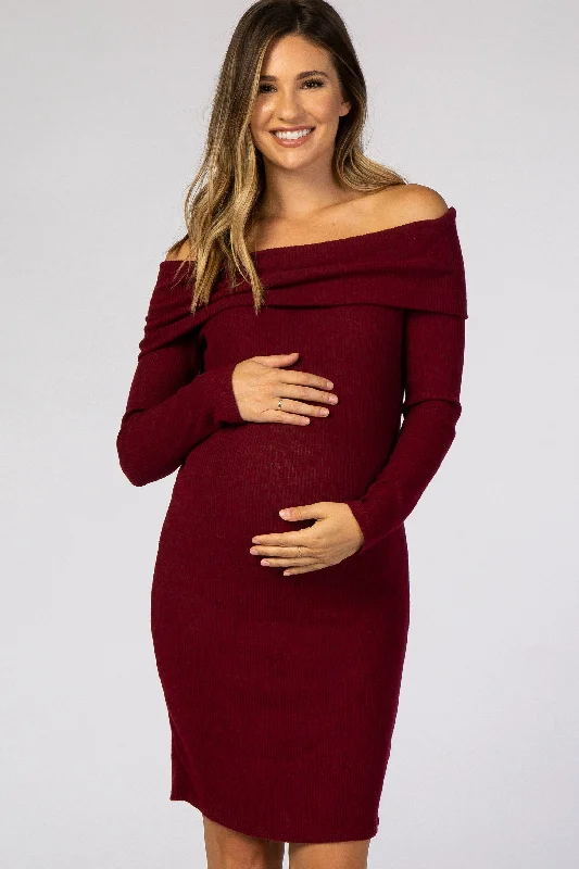 Burgundy Soft Ribbed Folded Neck Off Shoulder Maternity Dress Printed unclassified dresses