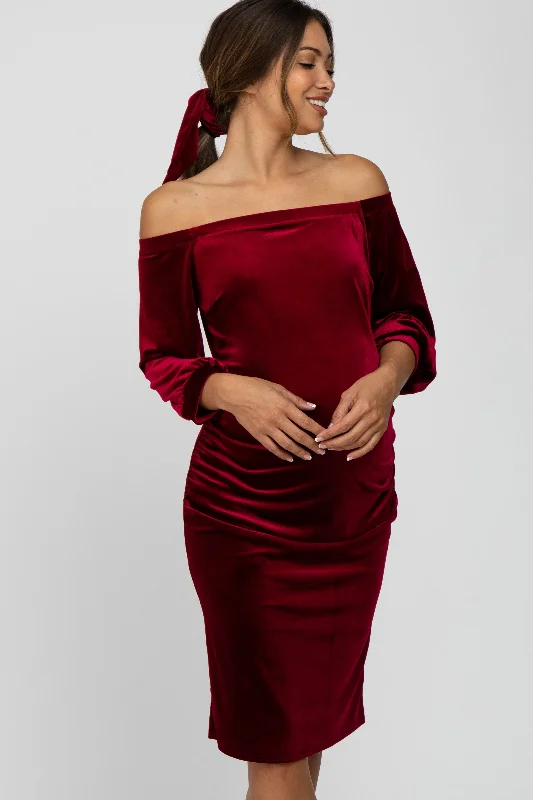 Burgundy Velvet Off Shoulder Fitted Maternity Dress Pastel unclassified dresses