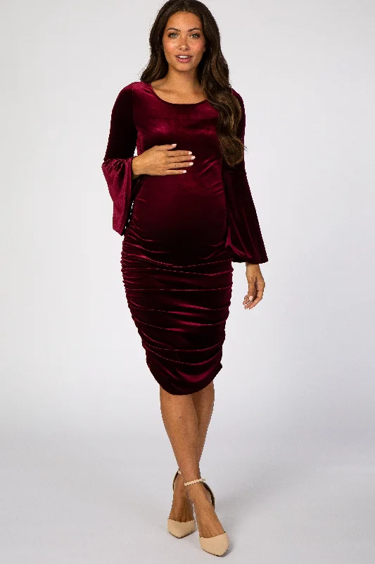 Burgundy Velvet Ruched Bell Sleeve Maternity Dress Tulle unclassified dresses