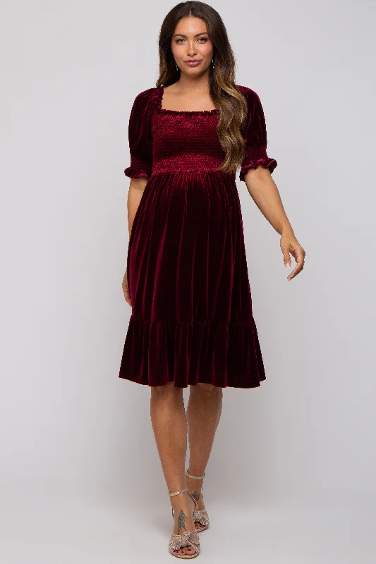 Burgundy Velvet Smocked Puff Sleeve Maternity Dress Popular unclassified dresses