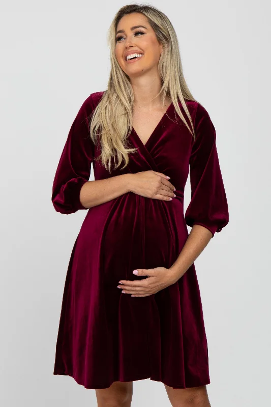 Burgundy Velvet Wrap Front Babydoll Maternity Dress Plus size unclassified dresses