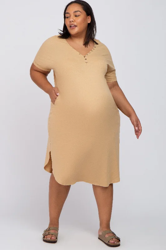 Camel Button Neck Round Hem Maternity Plus Dress Trendy unclassified dresses