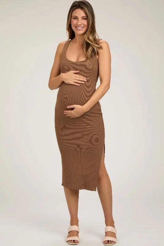 Camel Ribbed Knit Sleeveless Side Slit Maternity Dress Tiered unclassified dresses