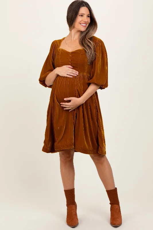 Camel Velvet Sweetheart Button Accent Maternity Dress Neutral tone unclassified dresses