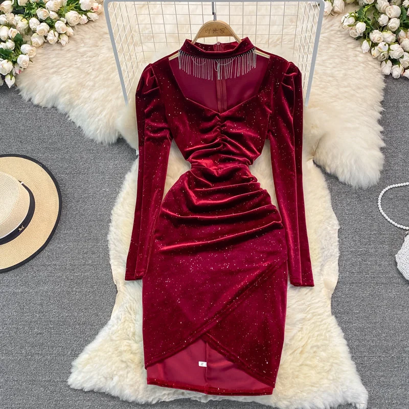 Celebrity temperament V-neck hanging neck tassel wrap hip dress  3391 Bold pattern unclassified dresses