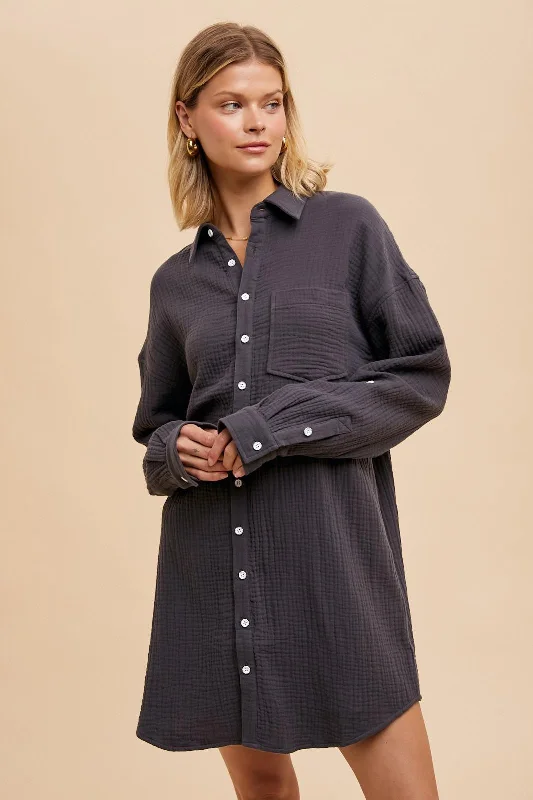 Charcoal Rolled Cuff Button Down Dress Elegant unclassified dresses