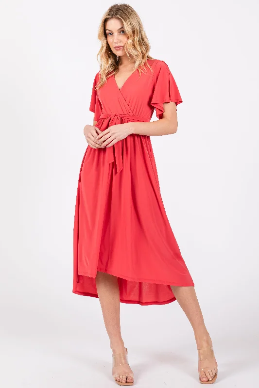 Coral Flutter Sleeve Waist Tie Nursing Dress Designer unclassified dresses