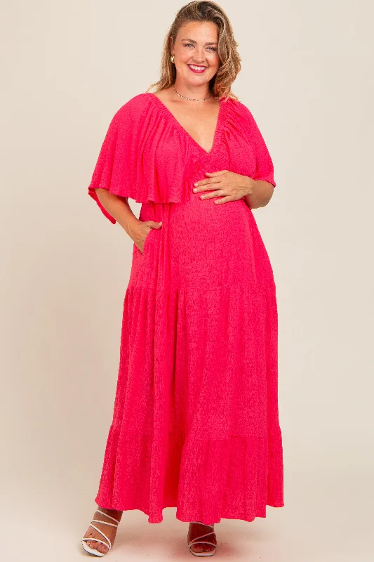 Coral Pink Flounce Sleeve Tiered Maternity Plus Dress Dark color unclassified dresses