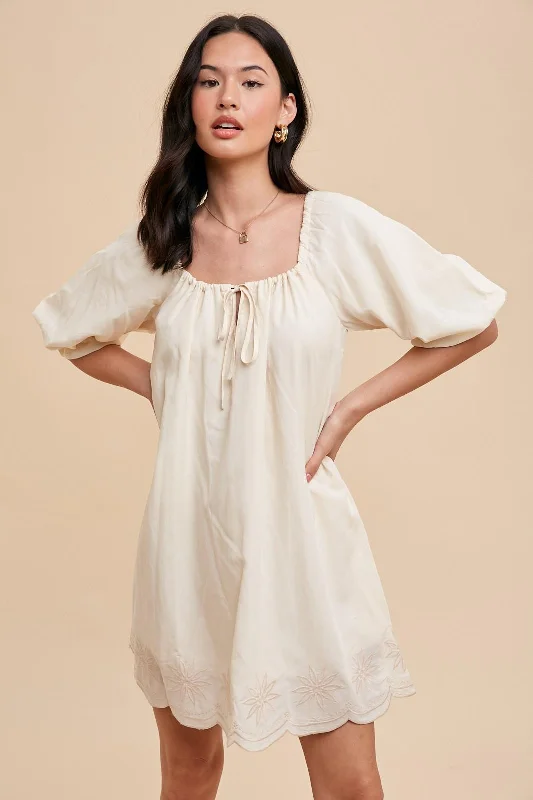 Cream Embroidered Puff Sleeve Dress Holiday unclassified dresses