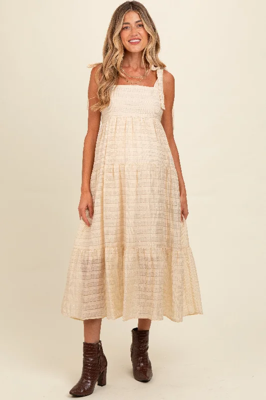 Cream Gingham Shoulder Tie Maternity Dress Vacation unclassified dresses