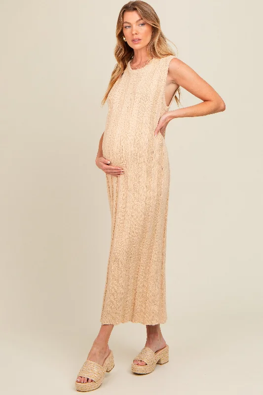 Cream Ribbed Knit Sleeveless Maternity Dress Denim unclassified dresses