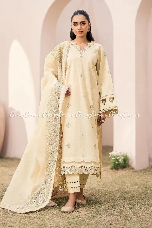 Cream White Pakistani Lawn Suit Denim unclassified dresses