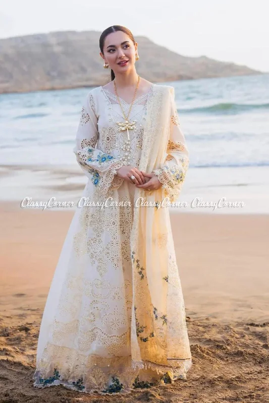 Cream White Schiffli Lawn Pakistani Suit Long unclassified dresses