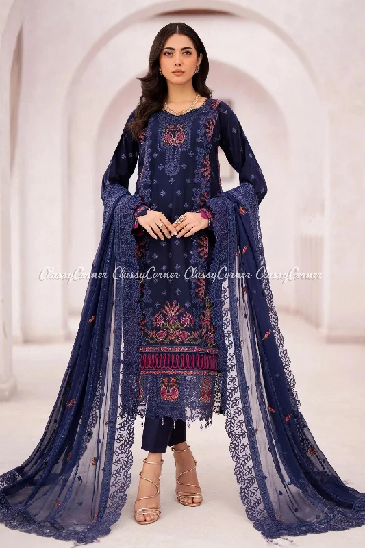 Dark Blue 3pc Lawn Salwar Kameez Vacation unclassified dresses