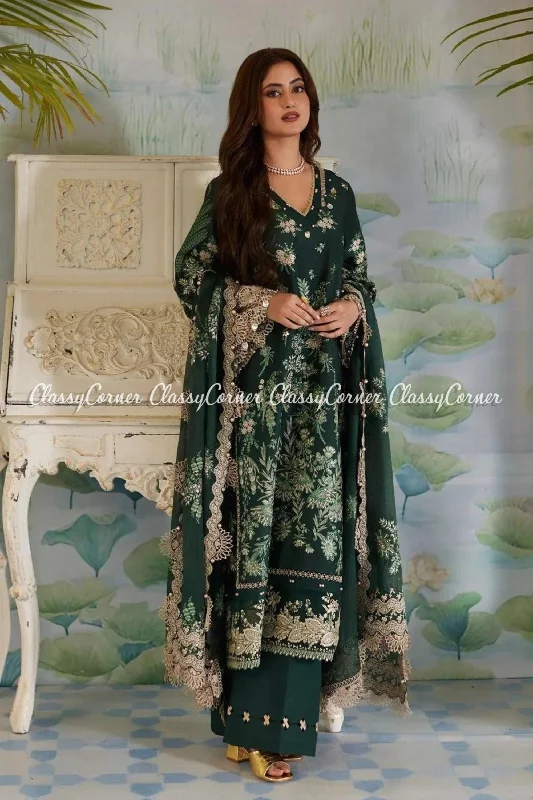 Dark Green Embroidered Lawn Pakistani Suit One-shoulder unclassified dresses