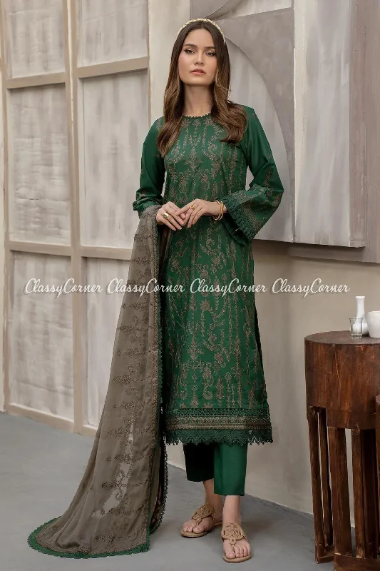 Dark Green Pakistani Lawn Suit Soft fabric unclassified dresses