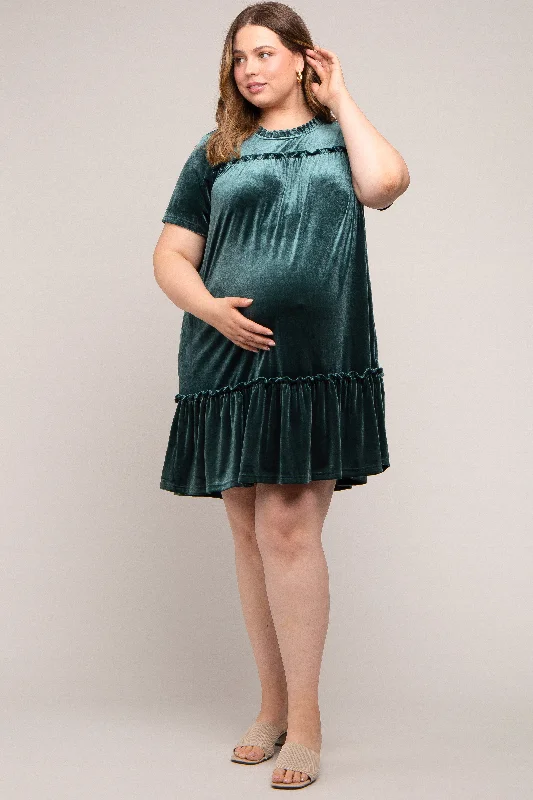 Dark Jade Ruffle Accent Velvet Maternity Plus Dress Chic unclassified dresses