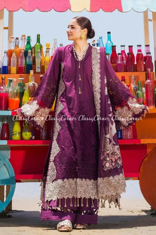 Deep Purple Schiffli Lawn Pakistani 3PC Suit Beach unclassified dresses