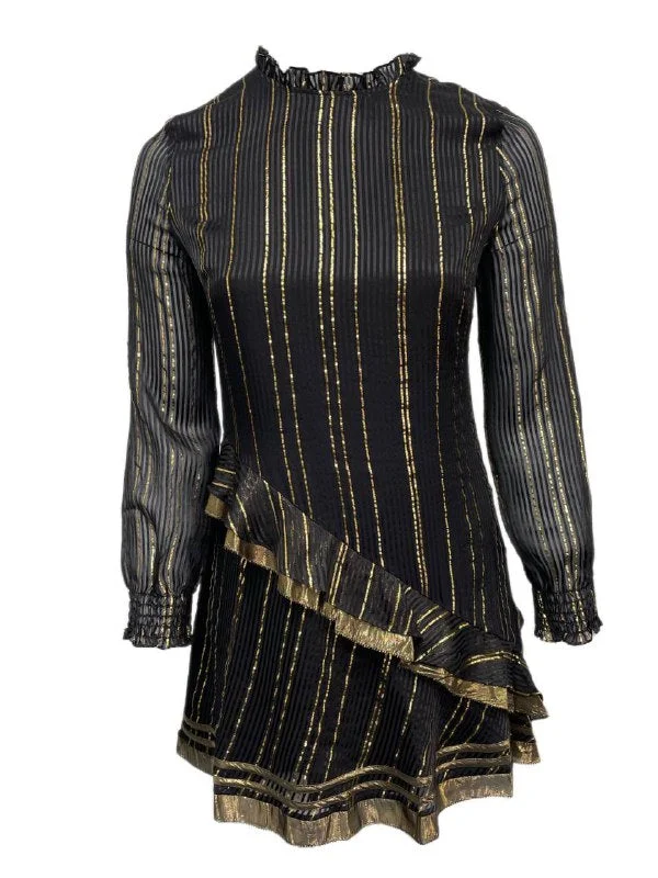 DEREK LAM 10 Crossby Women's Black Ruffle Golden Stripe Dress Size 12 NWT Tiered unclassified dresses