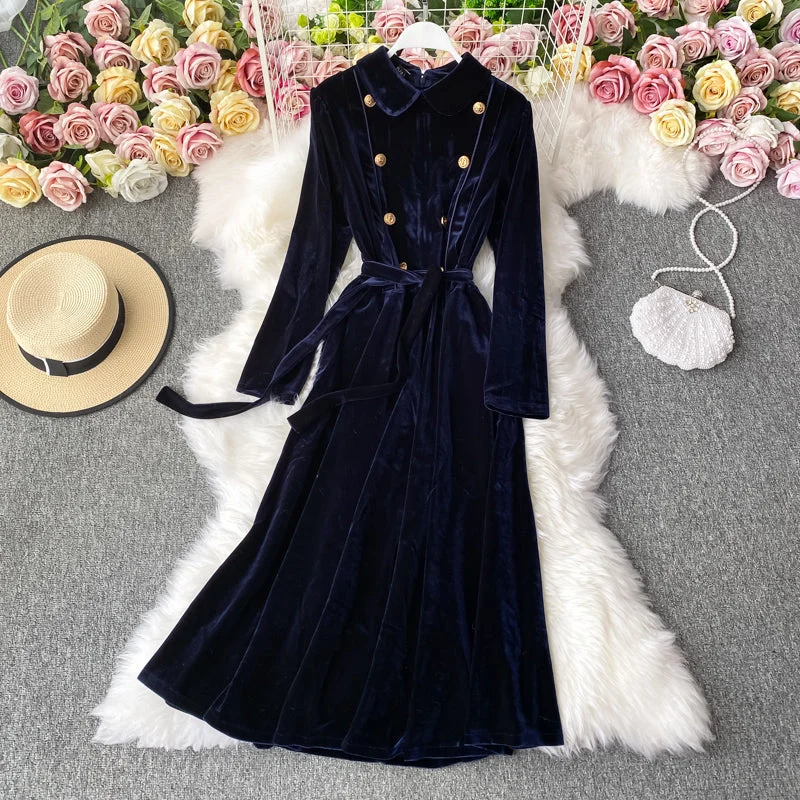 Doll Lapel gold button slim dress big swing velvet dress  3281 Cocktail unclassified dresses