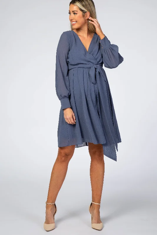 Dusty Blue Chiffon Maternity Wrap Dress Chic unclassified dresses