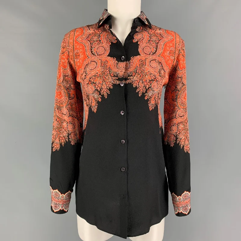 ETRO Size 2 Orange Black Silk Paisley Blouson Dress Top Club unclassified dresses