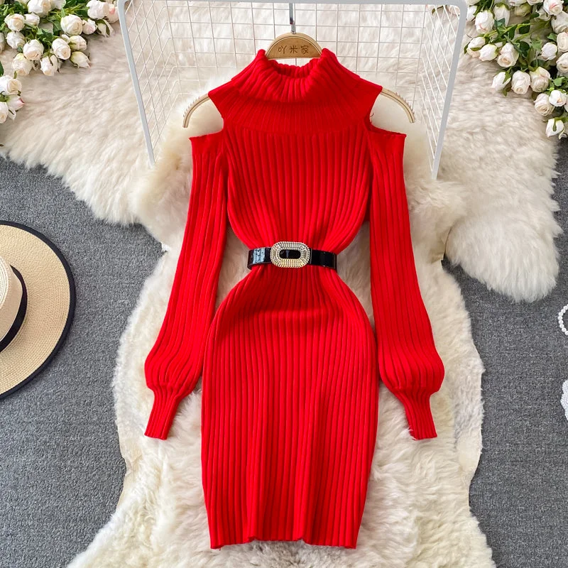 Fashion high neck off shoulder knitted dress  3383 A-line unclassified dresses