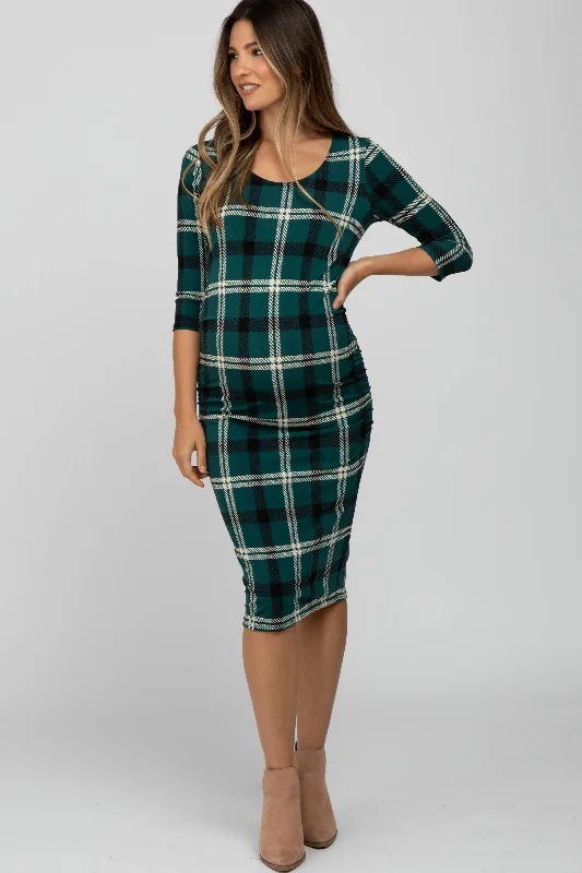 Forest Green Plaid 3/4 Sleeve Ruched Maternity Dress Travel unclassified dresses