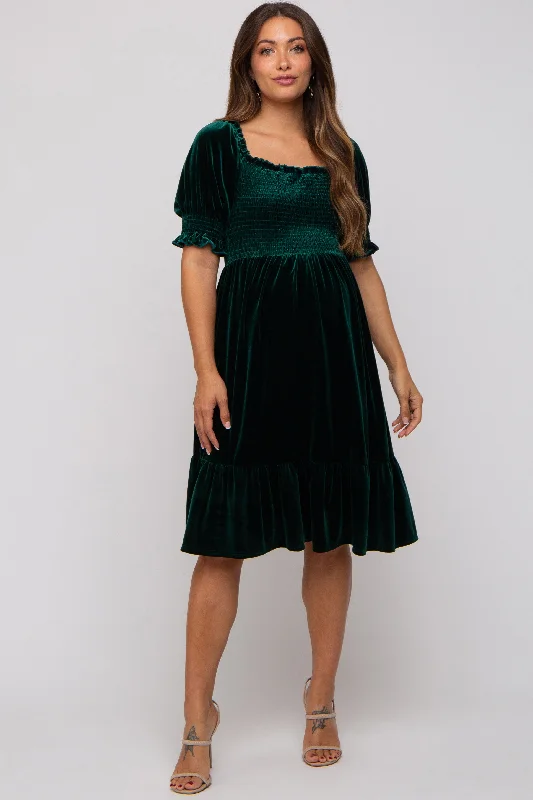 Forest Green Velvet Smocked Puff Sleeve Maternity Dress Tiered unclassified dresses