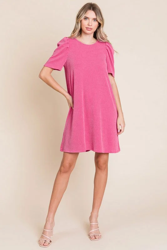 Fuchsia Washed Ribbed Puff Sleeve Dress Off-shoulder unclassified dresses