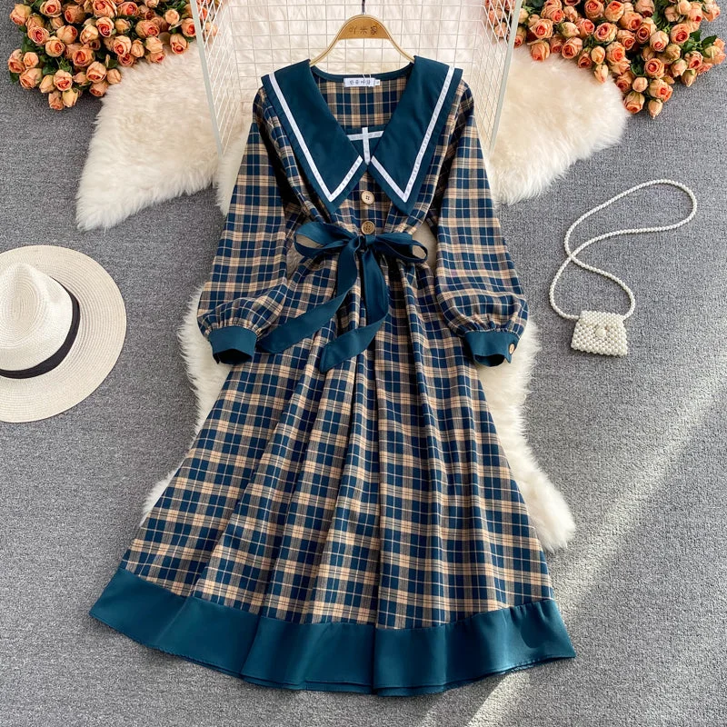 Gentle wind baby collar Plaid Dress  3367 Street style unclassified dresses