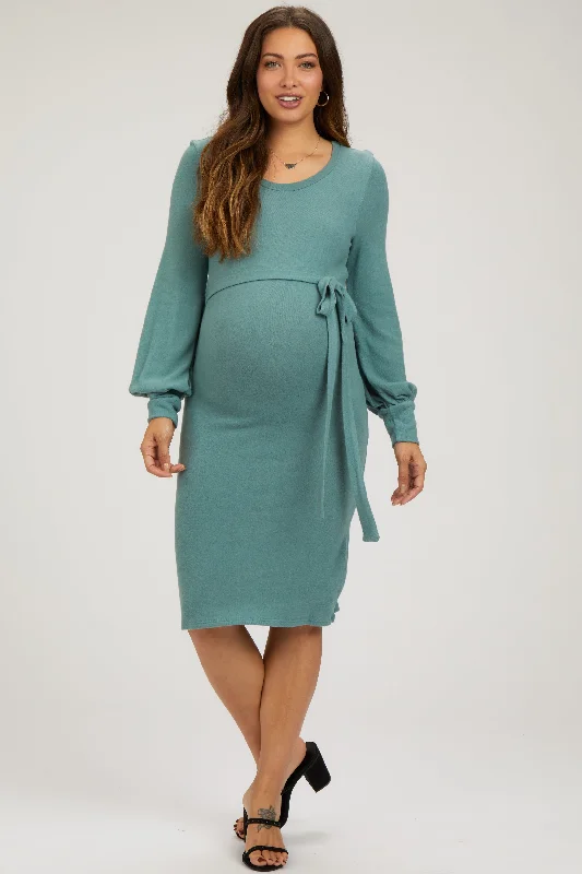 Green Soft Brushed Waist Tie Bubble Sleeve Maternity Dress Long unclassified dresses