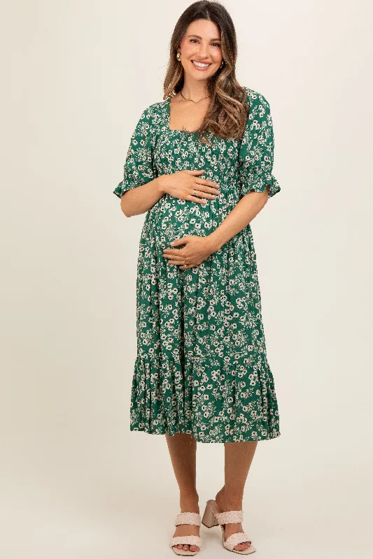 Green Square Neck Smocked Maternity Dress Women's unclassified dresses