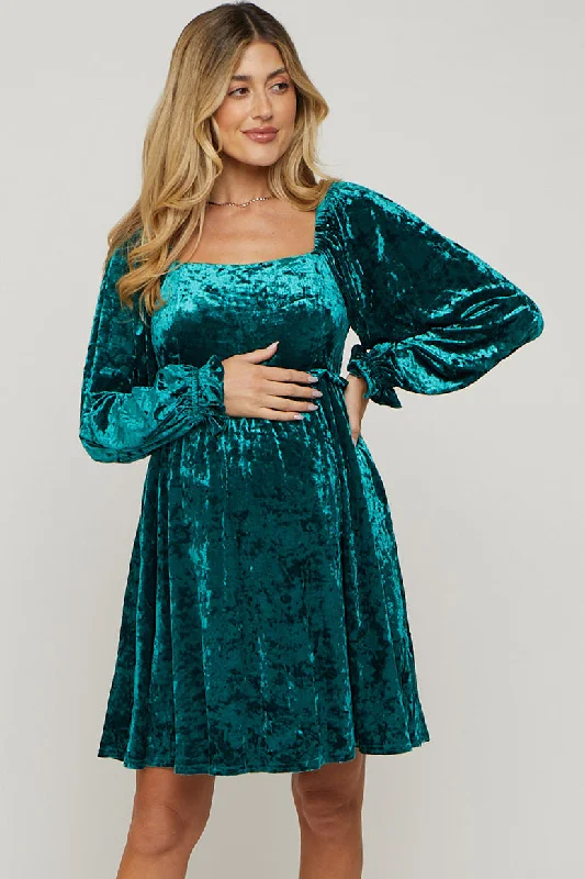 Green Teal Velour Square Neck Maternity Dress High-low unclassified dresses