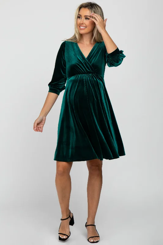 Green Velvet Wrap Front Babydoll Maternity Dress Sexy unclassified dresses