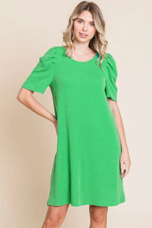 Green Washed Ribbed Puff Sleeve Dress Discounted unclassified dresses