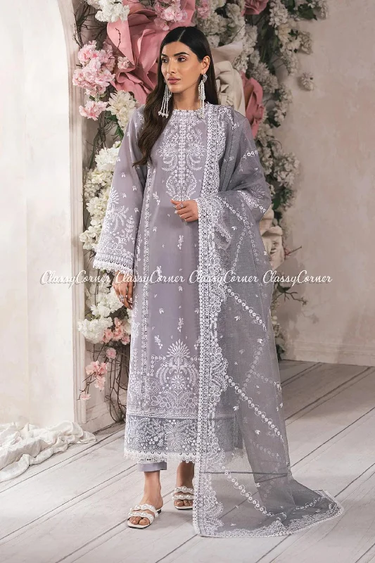 Grey White Embroidered Lawn Pakistani Suit Discounted unclassified dresses