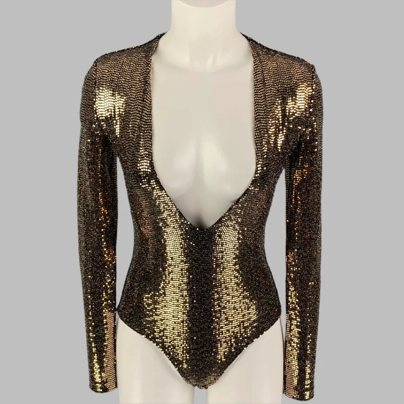 GUCCI Size S Gold Black Polyamide Blend Metallic Body Suit Dress Top Velvet unclassified dresses