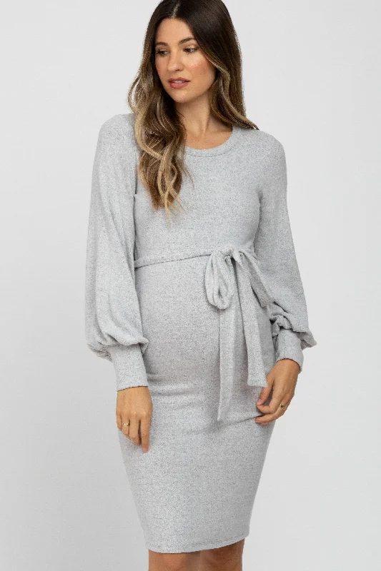 Heather Grey Soft Brushed Waist Tie Bubble Sleeve Maternity Dress Unique unclassified dresses