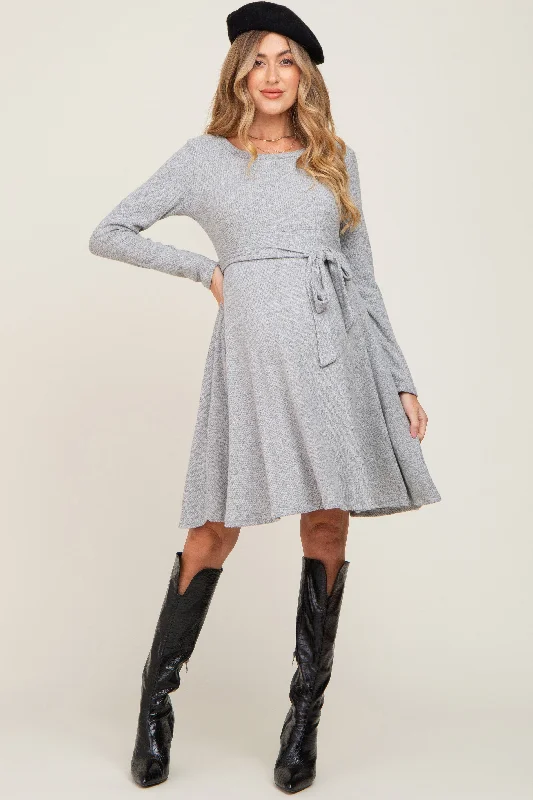 Heather Grey Soft Rib Knit Sash Tie Maternity Dress Dark color unclassified dresses