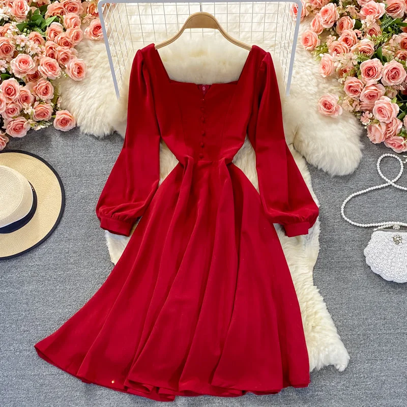 High waist Thin Red Square Neck Dress  3255 Mesh unclassified dresses