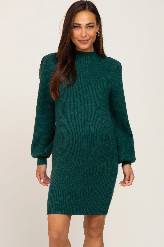 Hunter Green Mock Neck Puff Sleeve Knit Dress Fashionable unclassified dresses