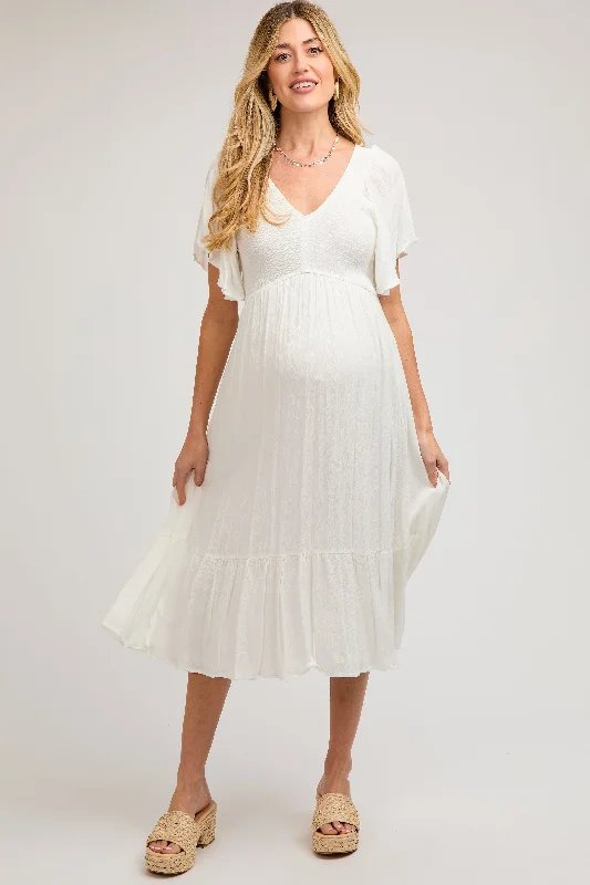 Ivory Smocked Ruffle Maternity Dress Mesh unclassified dresses