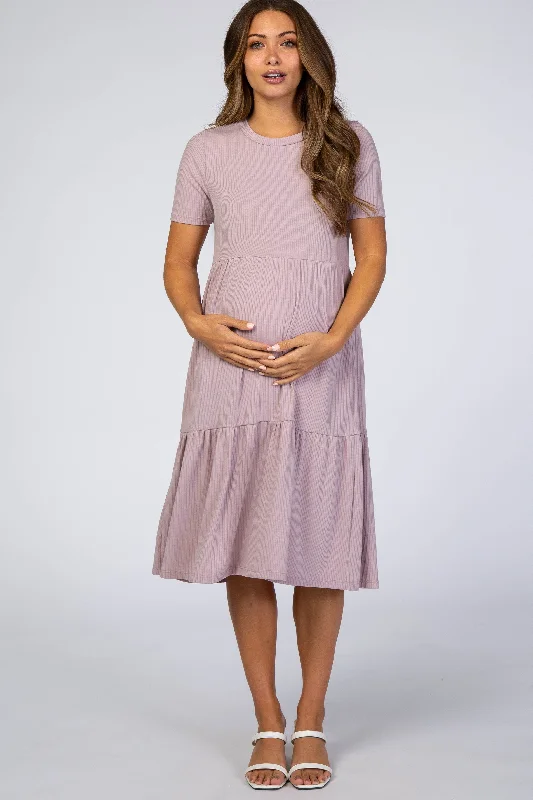 Lavender Ribbed Tiered Maternity Dress High-low unclassified dresses