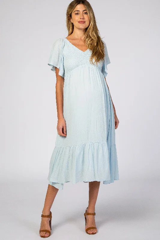 Light Blue Smocked Ruffle Maternity Dress Fall unclassified dresses