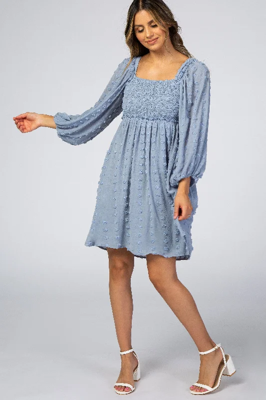 Light Blue Textured Dot Smocked Square Neck Chiffon Dress Short unclassified dresses