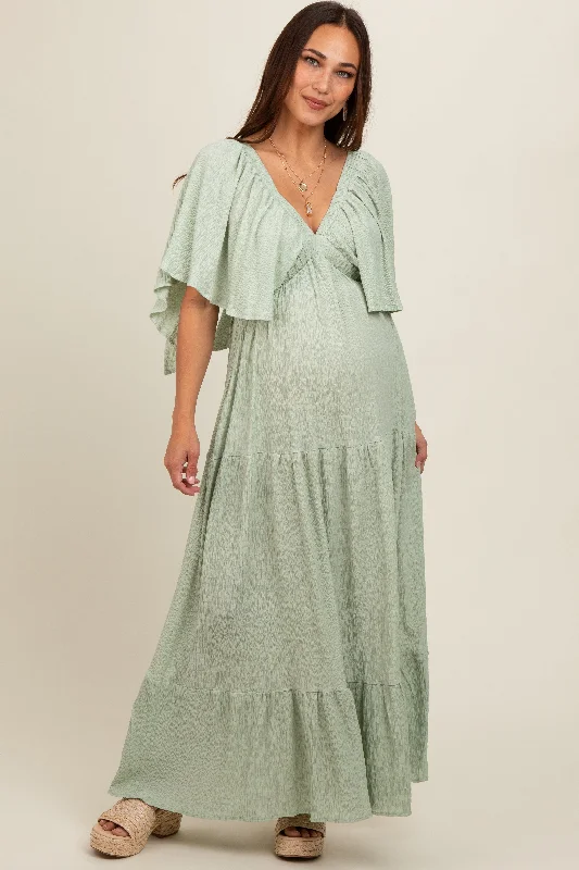 Light Olive Flounce Sleeve Tiered Maternity Dress Lounge unclassified dresses