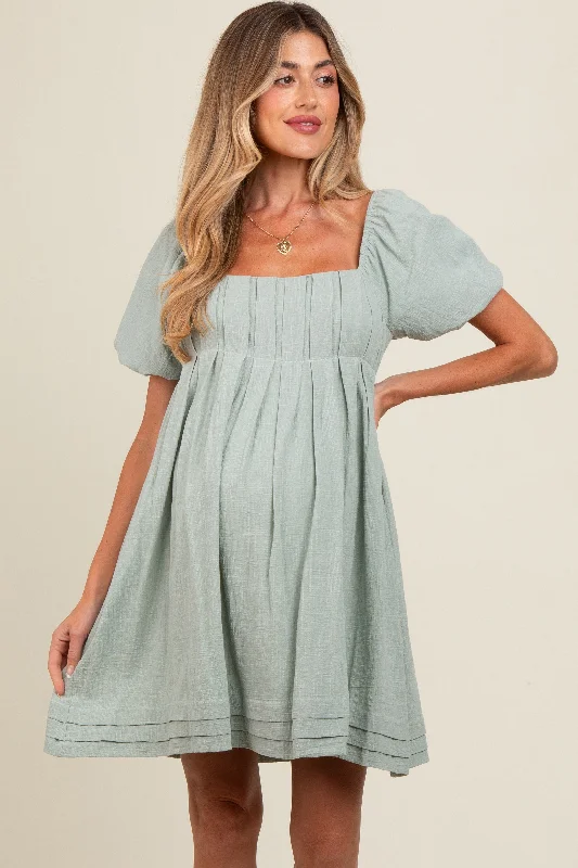 Light Olive Puff Sleeve Layered Hem Maternity Dress Satin unclassified dresses